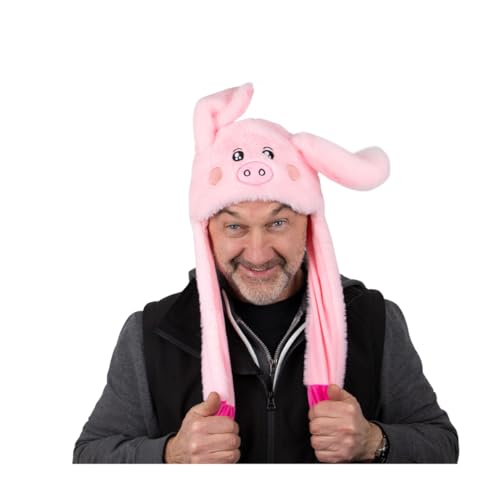 Alsino Wackelohr Mütze mit LED und beweglichen Ohren aus Plüsch Kostüm für Kinder und Erwachsene Tier Plüsch Spielzeug Hut (Schwein (2)) von Alsino