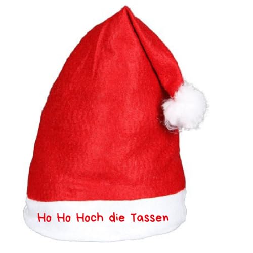 Alsino Ho Ho Hoch die Tassen Weihnachtsmütze Deluxe Nikolausmütze mit Spruch Sprüche Lustig - Weihnachtsmann Mütze rot mit Bommel Weihnachtsfeier Xmas Christmas Nikolaus von Alsino