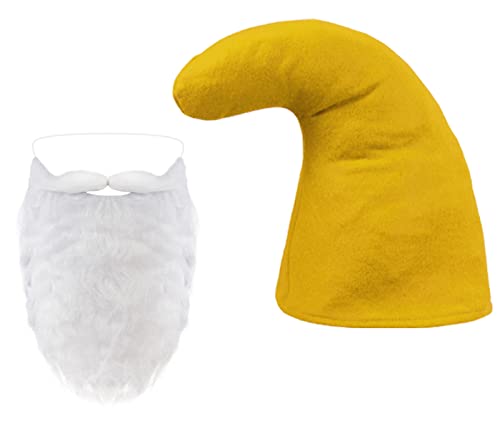 Alsino Zwergen Set - Zwergenmütze in Gelb mit Rauschebart Weiß - Zwergen-Kostüm Zwerg Outfit Kostüm Verkleidung Fasching Karneval Weihnachten Mottoparty von Alsino