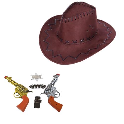 Alsino Cowboyhut Kostüm Verkleidung Erwwachsene Herren Damen braun Set Kv-276 mit Revolver in gold und silber - Karneval Fasching Mottoparty Outfit Sheriff-Stern Munition und Gürtel von Alsino