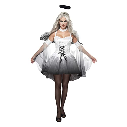 Altsuceser Damen Halloween Dunkel Gefallener Engel Korsett Kleid Kostüme, Böser Teufel Horror Gruselige Rollenspiele Flügel Schwarzer Engel Halloween Set Kostüm für Halloween Weihnachten Weiß XL von Altsuceser