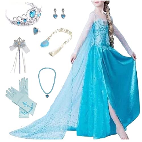 Alva Shop Prinzessin Kostüm Kinder Glanz Kleid Mädchen Weihnachten Verkleidung Karneval Party Halloween Fest(150, Blau) von Alva Shop