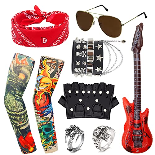 11-teiliges Punk-Gothic-Rocker-Kostüm-Set, Rock-Schwermetall-Zubehör mit Retro-Sonnenbrillen, Handschuhen, Bandana, gefälschte Tattoo-Ärmel, Armband, Ringe, 80er-Jahre, Disco-Party von Alviller