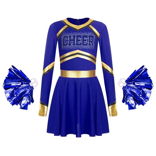 Alvivi 2Pcs Mädchen Cheer Leader Kleid Langarm Cheerleading Kleid mit Pompoms Halloween Karneval Fasching Schule Performance Tanzkostüm Blau 170-176 von Alvivi