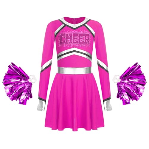 Alvivi 2Pcs Mädchen Cheer Leader Kleid Langarm Cheerleading Kleid mit Pompoms Halloween Karneval Fasching Schule Performance Tanzkostüm Dunkel Rosa 170-176 von Alvivi