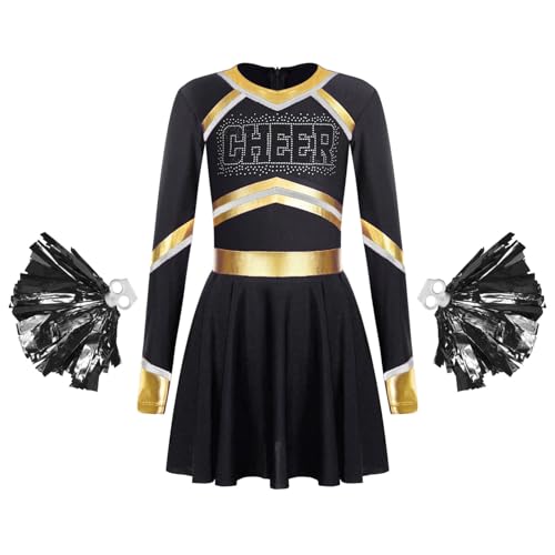 Alvivi 2Pcs Mädchen Cheer Leader Kleid Langarm Cheerleading Kleid mit Pompoms Halloween Karneval Fasching Schule Performance Tanzkostüm Schwarz 110-116 von Alvivi