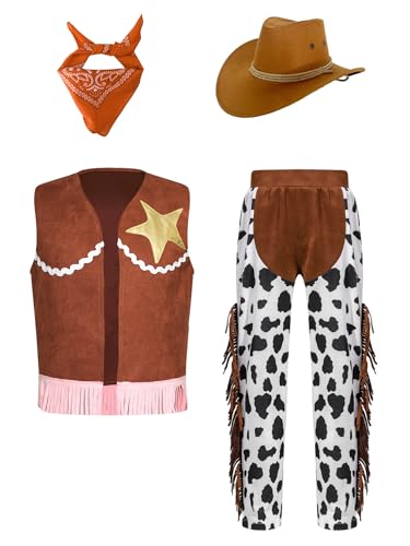 Alvivi 4 Stück Kinder Cowgirl Kostüm Mädchen Cowboy Weste + Hose + Cowboyhut + Bandana Wild Western Outfits Karneval Fasching Mottoparty Orange 146-152 von Alvivi