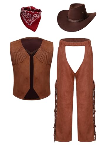 Alvivi 4 Stück Kinder Jungen Cowboy Kostüm Wildleder Cowboy Weste + Hose + Cowboyhut + Halstuch Western Cowboy Outfits Cowboy Kleidung Karneval Fasching Kostüm Braun 170-176 von Alvivi