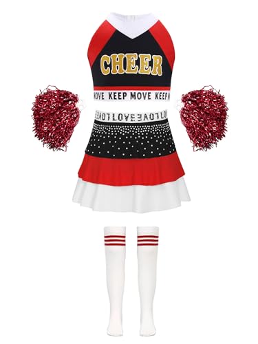 Alvivi 4 Stück Mädchen Cheer Leader Cheerleading Kostüm Crop Tops mit Rock Pompoms Socken Cheer Kleid Halloween Karneval Fasching Partykleid Rot 110-116 von Alvivi