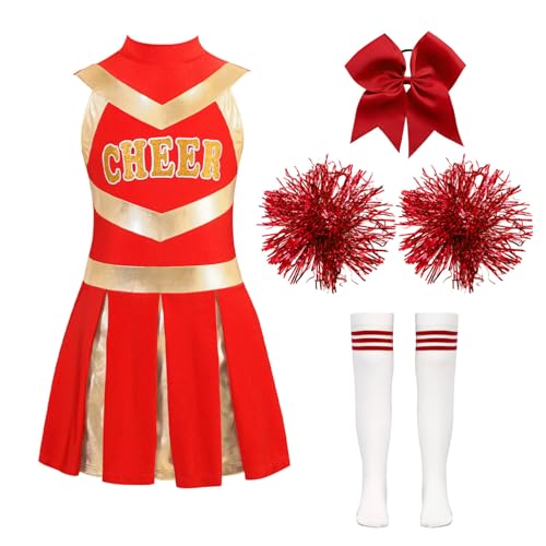 Alvivi 4 Stück Mädchen Cheer Leader Kostüm Cheerleading Kleid mit Pompoms Socken Haarband Cheerleading Outfits Halloween Karneval Fasching Weiß&Rot 110-116 von Alvivi