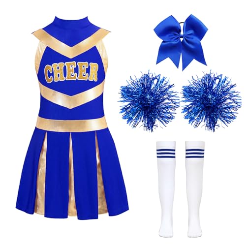 Alvivi 4 Stück Mädchen Cheer Leader Kostüm Cheerleading Kleid mit Pompoms Socken Haarband Cheerleading Outfits Halloween Karneval Fasching Weiß&Royal Blau 110-116 von Alvivi