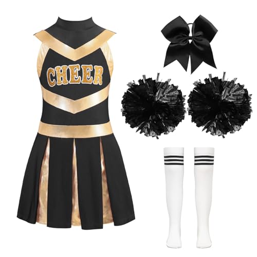 Alvivi 4 Stück Mädchen Cheer Leader Kostüm Cheerleading Kleid mit Pompoms Socken Haarband Cheerleading Outfits Halloween Karneval Fasching Weiß&Schwarz 122-128 von Alvivi