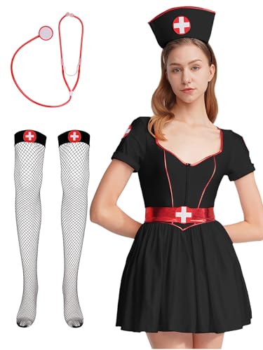 Alvivi 4Pcs Damen Krankenschwester Kostüm Ärztin Uniform Minikleid mit Stethoskop Strümpfe Doktor Kostüm Cosplay Halloween Karneval Fasching Verkleidung Schwarz S von Alvivi