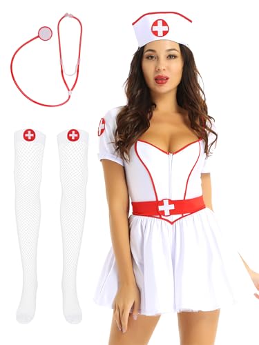 Alvivi 4Pcs Damen Krankenschwester Kostüm Ärztin Uniform Minikleid mit Stethoskop Strümpfe Doktor Kostüm Cosplay Halloween Karneval Fasching Verkleidung Weiß 3XL von Alvivi