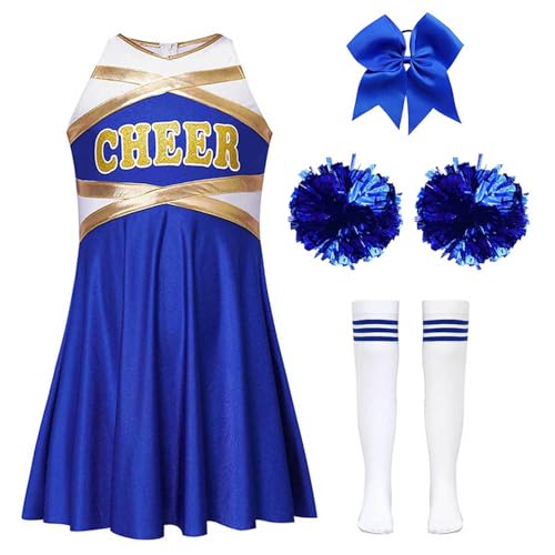 Alvivi 4Pcs Mädchen Cheer Leader Kostüm Ärmellos Kleid mit Pompoms Socken Haarband Cheerleading Uniform Halloween Karneval Fasching Tanzkleid A Blau 122-128 von Alvivi