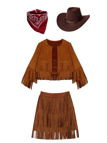 Alvivi 4Pcs Mädchen Cowgirl Kleidung Cowboy Fransenjacke + Quasten Rock + Hut + Bandana Western Cowboy Cowgirl Outfit Mottoparty Verkleidung Braun 158-164 von Alvivi