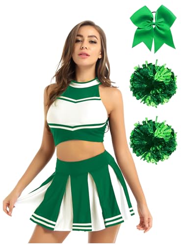 Alvivi 4tlg.Damen Cheer Leader Kostüm Cheerleading Uniform Crop Tops + Rock + Pompoms + Haarband Halloween Karneval Fasching Kostüm Grün M von Alvivi