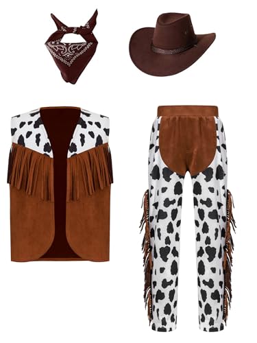 Alvivi 4tlg.Kinder Cowboy Kostüm Jungen Cowboy Weste + Hose + Cowboyhut + Bandana Wild Western Cowboy Outfits Karneval Fasching Mottoparty Braun 158-164 von Alvivi