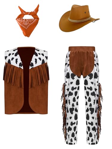 Alvivi 4tlg.Kinder Cowboy Kostüm Jungen Cowboy Weste + Hose + Cowboyhut + Bandana Wild Western Cowboy Outfits Karneval Fasching Mottoparty Orange 146-152 von Alvivi