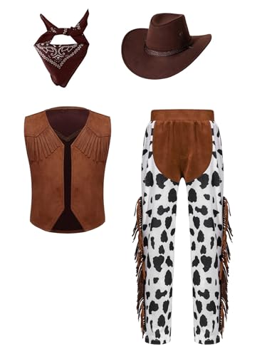 Alvivi 4tlg.Kinder Cowboy Kostüm Jungen Western Cowboy Outfits Cowboy Weste + Hose + Cowboyhut + Bandana Cosplay Karneval Fasching Mottoparty Kaffee 146-152 von Alvivi