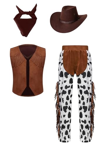 Alvivi 4tlg.Kinder Cowboy Kostüm Jungen Western Cowboy Outfits Cowboy Weste + Hose + Cowboyhut + Bandana Cosplay Karneval Fasching Mottoparty Kaffee 158-164 von Alvivi