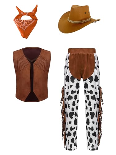 Alvivi 4tlg.Kinder Cowboy Kostüm Jungen Western Cowboy Outfits Cowboy Weste + Hose + Cowboyhut + Bandana Cosplay Karneval Fasching Mottoparty Orange 170-176 von Alvivi