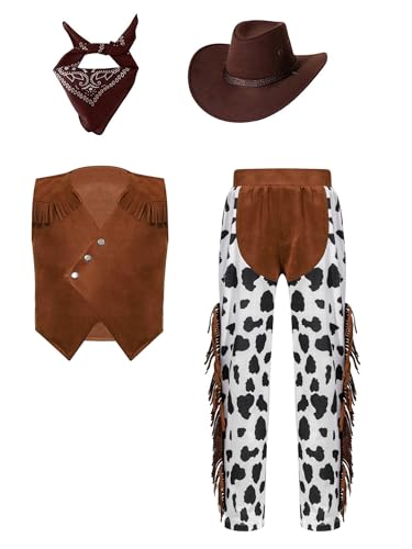 Alvivi 4tlg.Kinder Cowboy Kostüm Jungen Western Cowboy Outfits Wildleder Cowboy Weste + Hose + Cowboyhut + Bandana Hippie Kleidung Kaffee 134-140 von Alvivi