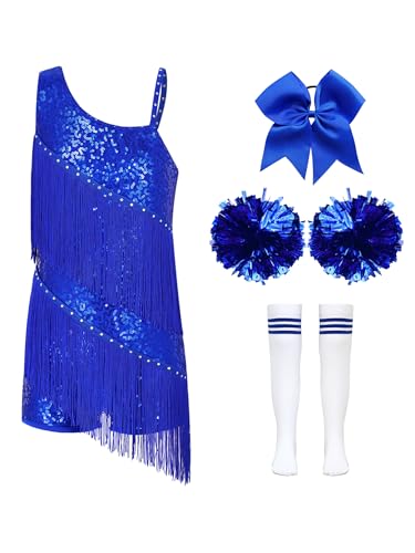 Alvivi 4tlg.Mädchen Cheer Leader Kostüm Cheerleading Kleid Pailletten Fransen Jumpsuit Overall Halloween Karneval Fasching Show Tanzkostüm Royal Blau 122-128 von Alvivi