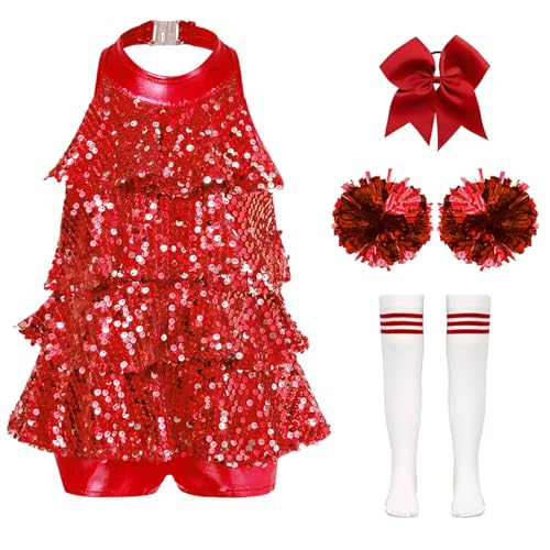 Alvivi 4tlg.Mädchen Cheer Leader Kostüm Cheerleading Uniform Pailletten Kleid mit Pompoms Socken Haarband Halloween Karneval Fasching Tanzkostüm Rot 134-140 von Alvivi