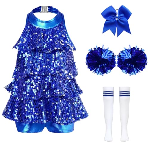 Alvivi 4tlg.Mädchen Cheer Leader Kostüm Cheerleading Uniform Pailletten Kleid mit Pompoms Socken Haarband Halloween Karneval Fasching Tanzkostüm Royal Blau 110-116 von Alvivi