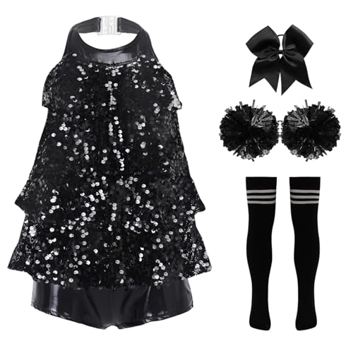 Alvivi 4tlg.Mädchen Cheer Leader Kostüm Cheerleading Uniform Pailletten Kleid mit Pompoms Socken Haarband Halloween Karneval Fasching Tanzkostüm Schwarz Weiß 122-128 von Alvivi