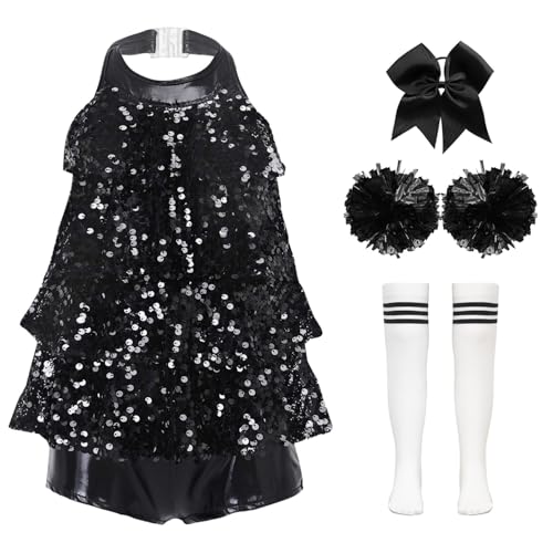 Alvivi 4tlg.Mädchen Cheer Leader Kostüm Cheerleading Uniform Pailletten Kleid mit Pompoms Socken Haarband Halloween Karneval Fasching Tanzkostüm Weiß Schwarz 134-140 von Alvivi