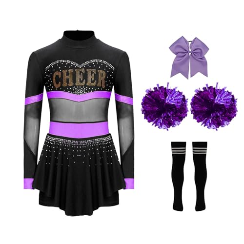 Alvivi 4tlg.Mädchen Cheer Leader Kostüm Langarm Cheerleading Kleid mit Zubehör Cheerleading Uniform Halloween Karneval Fasching Tanzkleid A Lila&Schwarz 134-140 von Alvivi