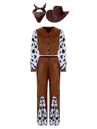 Alvivi 4tlg.Mädchen Cowgirl Kostüm Kuh Muster Cowgirl Jacke Mantel + Schlaghose + Hut + Bandana Hippie Kleidung Set Halloween Karneval Faschingskostüm Braun 146-152 von Alvivi