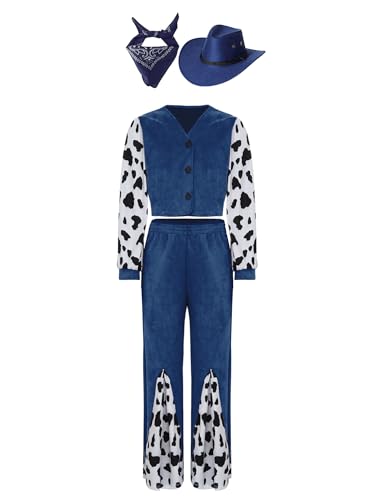 Alvivi 4tlg.Mädchen Cowgirl Kostüm Kuh Muster Cowgirl Jacke Mantel + Schlaghose + Hut + Bandana Hippie Kleidung Set Halloween Karneval Faschingskostüm Marine Blau 146-152 von Alvivi