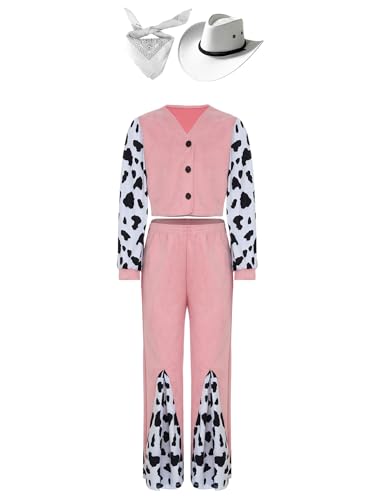 Alvivi 4tlg.Mädchen Cowgirl Kostüm Kuh Muster Cowgirl Jacke Mantel + Schlaghose + Hut + Bandana Hippie Kleidung Set Halloween Karneval Faschingskostüm Rosa 146-152 von Alvivi