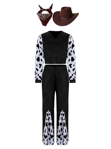 Alvivi 4tlg.Mädchen Cowgirl Kostüm Kuh Muster Cowgirl Jacke Mantel + Schlaghose + Hut + Bandana Hippie Kleidung Set Halloween Karneval Faschingskostüm Schwarz 146-152 von Alvivi