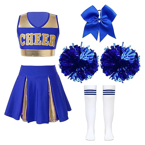 Alvivi 5 Stück Mädchen Cheer Leader Kostüm Cheerleading Uniform Ärmellos Crop Tops mit Rock Pompoms Socken Halloween Karneval Fasching Show Tanzkleid A Blau 110-116 von Alvivi