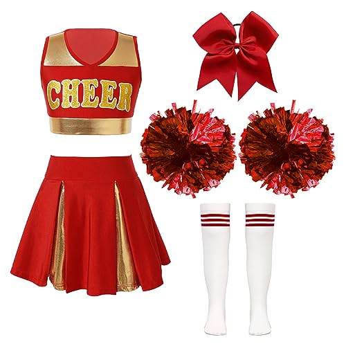 Alvivi 5 Stück Mädchen Cheer Leader Kostüm Cheerleading Uniform Ärmellos Crop Tops mit Rock Pompoms Socken Halloween Karneval Fasching Show Tanzkleid A Rot 134-140 von Alvivi