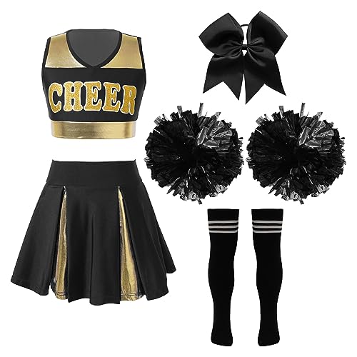 Alvivi 5 Stück Mädchen Cheer Leader Kostüm Cheerleading Uniform Ärmellos Crop Tops mit Rock Pompoms Socken Halloween Karneval Fasching Show Tanzkleid A Schwarz&Weiß 110-116 von Alvivi