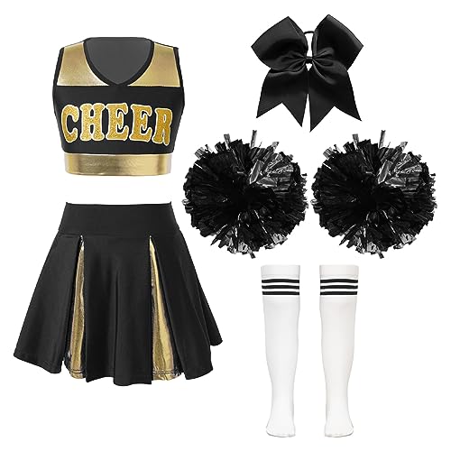 Alvivi 5 Stück Mädchen Cheer Leader Kostüm Cheerleading Uniform Ärmellos Crop Tops mit Rock Pompoms Socken Halloween Karneval Fasching Show Tanzkleid A Weiß&Schwarz 134-140 von Alvivi