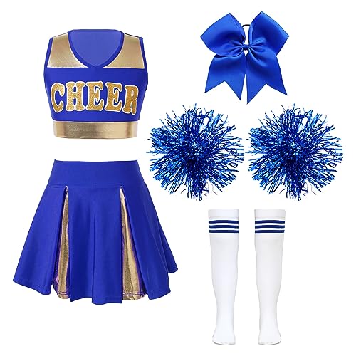 Alvivi 5 Stück Mädchen Cheer Leader Kostüm Cheerleading Uniform Ärmellos Crop Tops mit Rock Pompoms Socken Halloween Karneval Fasching Show Tanzkleid B Blau 170-176 von Alvivi