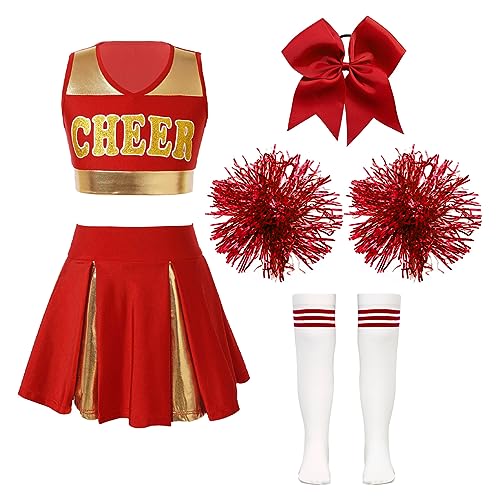 Alvivi 5 Stück Mädchen Cheer Leader Kostüm Cheerleading Uniform Ärmellos Crop Tops mit Rock Pompoms Socken Halloween Karneval Fasching Show Tanzkleid B Rot 122-128 von Alvivi