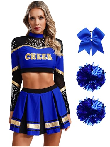 Alvivi 5Pcs Cheer Leader Kostüm Damen Langarm Cheerleading Uniform Crop Tops mit Rock Pompoms Socken Haarband Halloween Karneval Fasching Kostüm Blau L von Alvivi