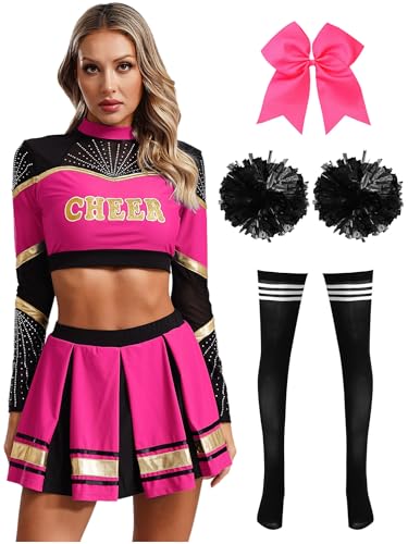 Alvivi 5Pcs Cheer Leader Kostüm Damen Langarm Cheerleading Uniform Crop Tops mit Rock Pompoms Socken Haarband Halloween Karneval Fasching Kostüm Dunkel Rosa&Schwarz L von Alvivi