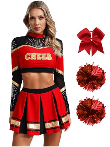 Alvivi 5Pcs Cheer Leader Kostüm Damen Langarm Cheerleading Uniform Crop Tops mit Rock Pompoms Socken Haarband Halloween Karneval Fasching Kostüm Rot M von Alvivi