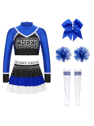 Alvivi 5Pcs Mädchen Cheer Leader Kostüm Cheerleading Kleid Langarm Crop Tops mit Rock Pompoms Haarband Cheerleading Tanzkleidung Blau&Weiß 122-128 von Alvivi