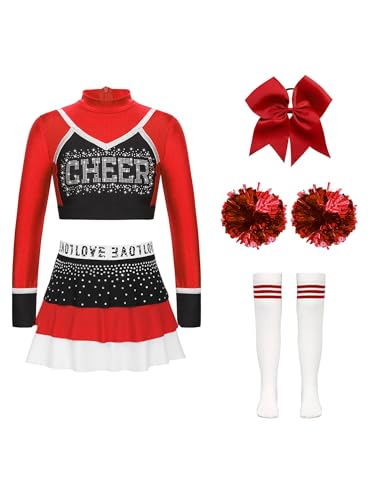 Alvivi 5Pcs Mädchen Cheer Leader Kostüm Cheerleading Kleid Langarm Crop Tops mit Rock Pompoms Haarband Cheerleading Tanzkleidung Rot 110-116 von Alvivi