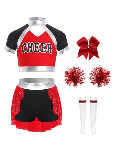 Alvivi 5Pcs Mädchen Cheer Leader Kostüm Kurzarm Crop Tops mit Rock Pompoms Socken Haarband Cheerleading Uniform Halloween Karneval Fasching Tanzkostüm Rot 110-116 von Alvivi