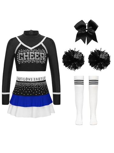 Alvivi 5Pcs Mädchen Cheer Leader Kostüm Schwarz Cheerleading Kleid Langarm Crop Tops mit Rock Pompoms Haarband Cheer Outfit Performance Tanzkostüm Blau&&Weiß 122-128 von Alvivi